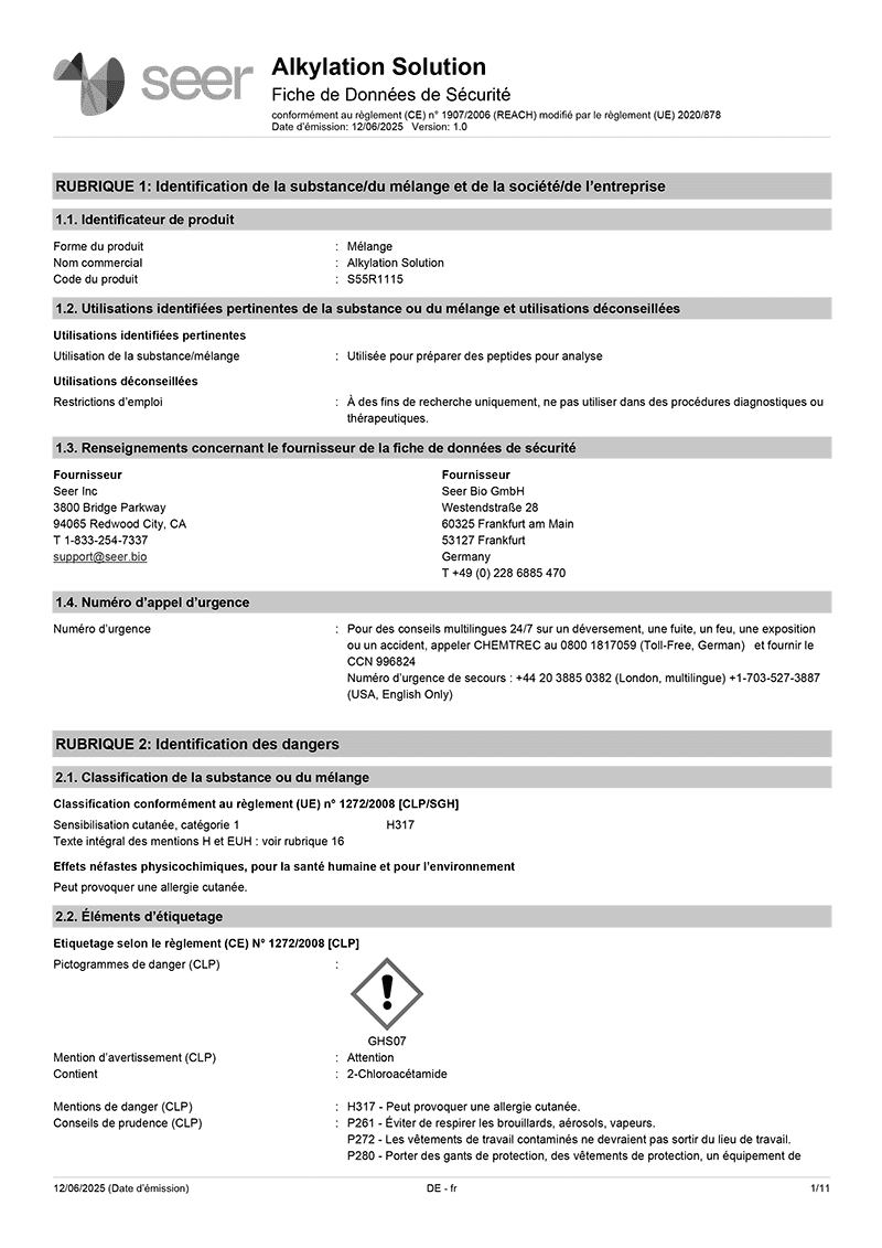 Safety Data Sheet: Proteograph DIRECT Assay Kit - French