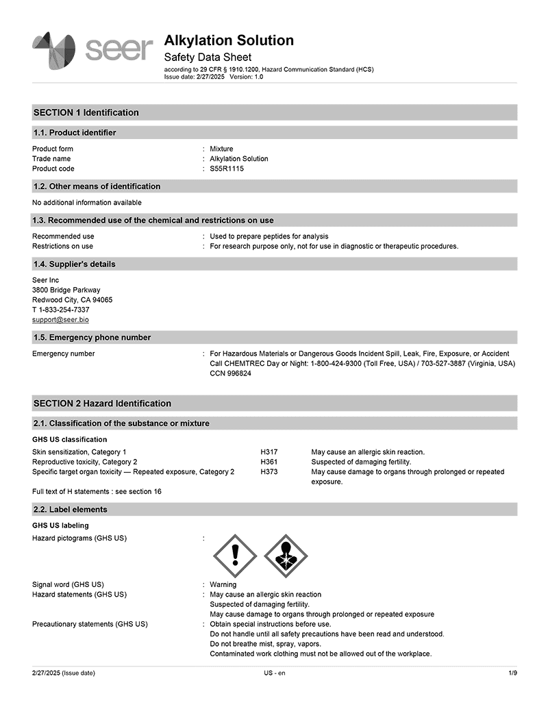 Safety Data Sheet: Proteograph DIRECT Assay Kit - English (American)