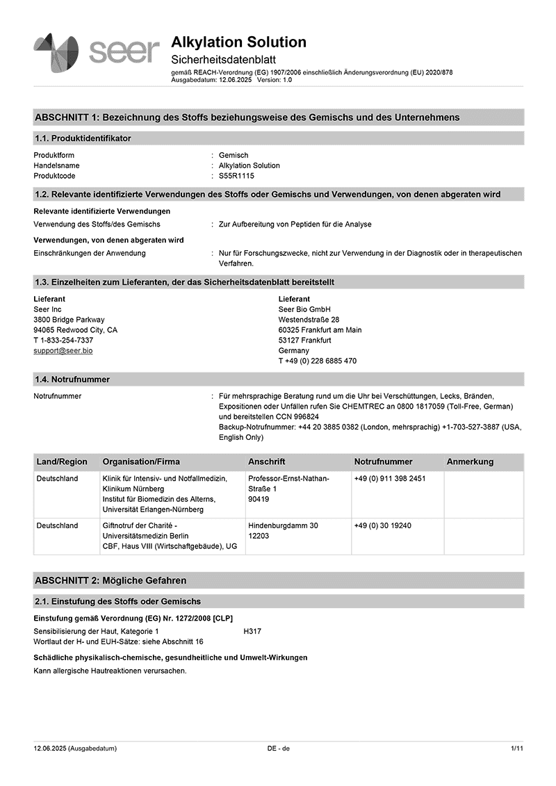 Safety Data Sheet: Proteograph ONE Assay Kit - German