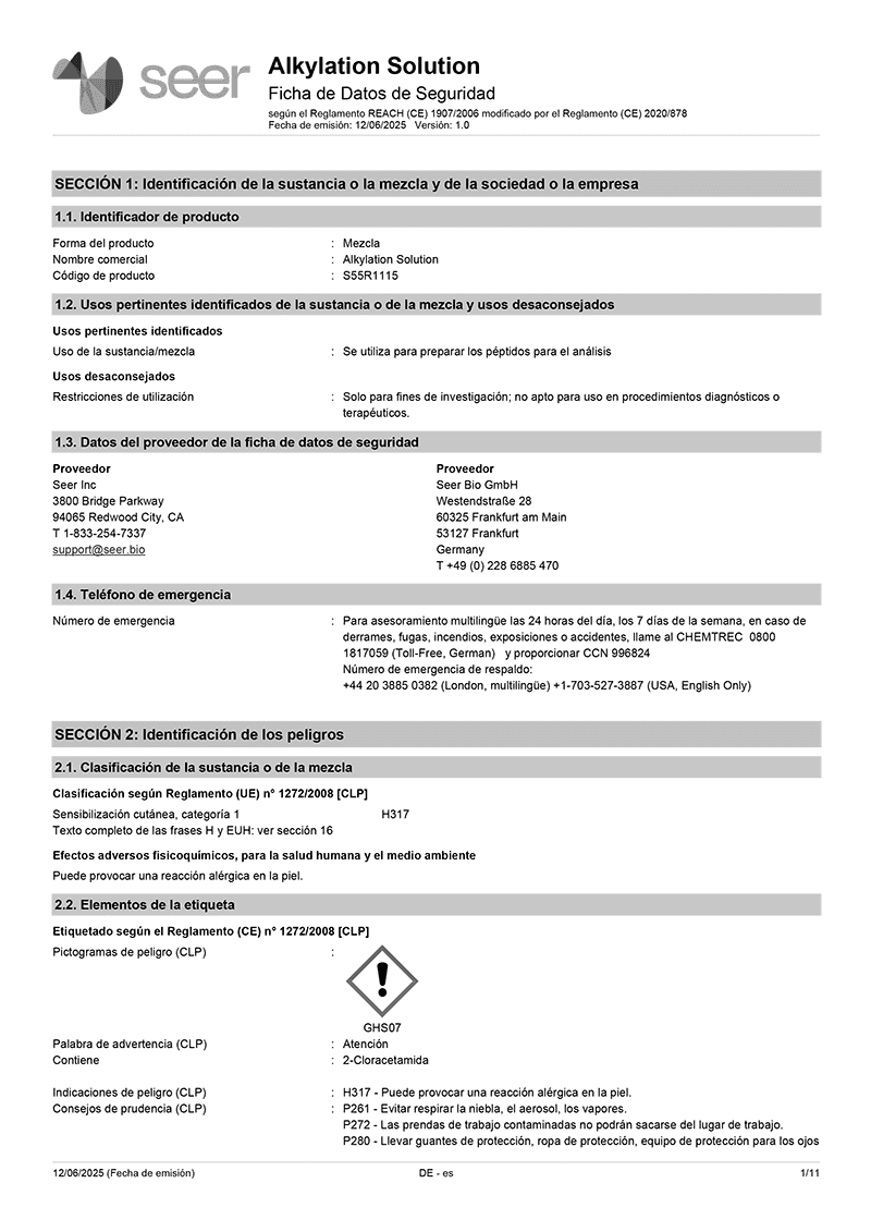 Safety Data Sheet: Proteograph ONE Assay Kit - Spanish