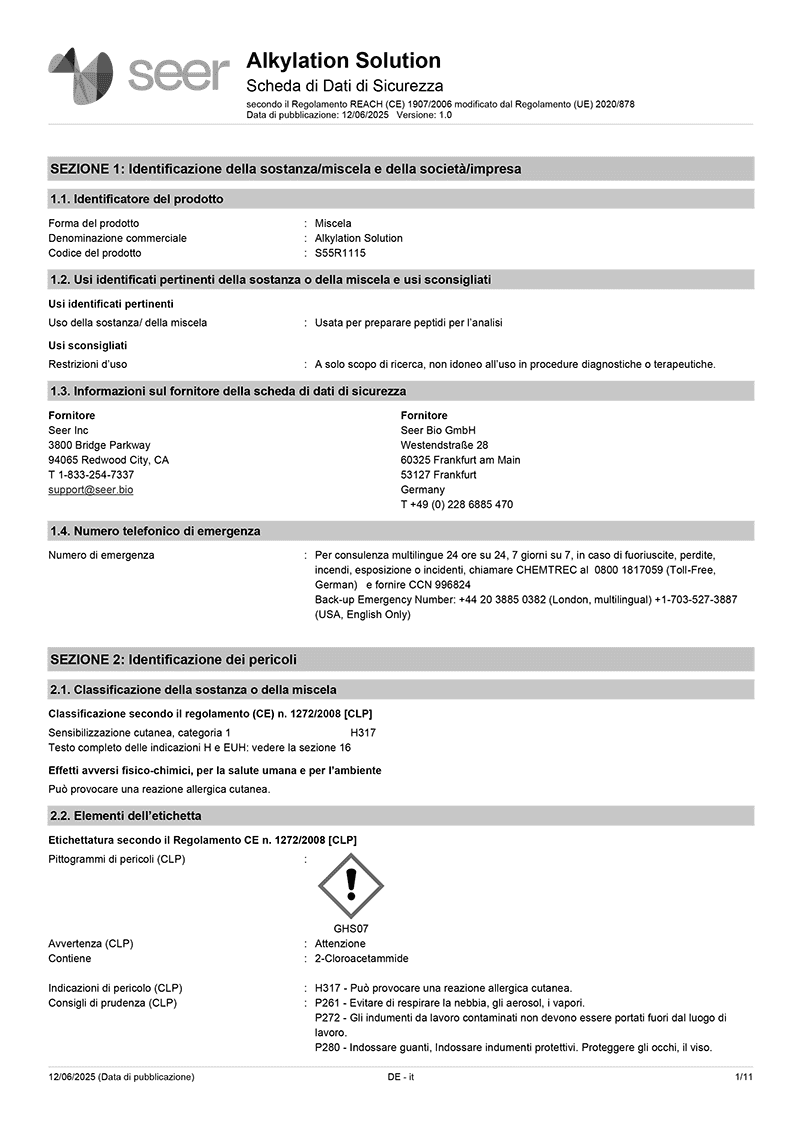 Safety Data Sheet: Proteograph ONE Assay Kit - Italian