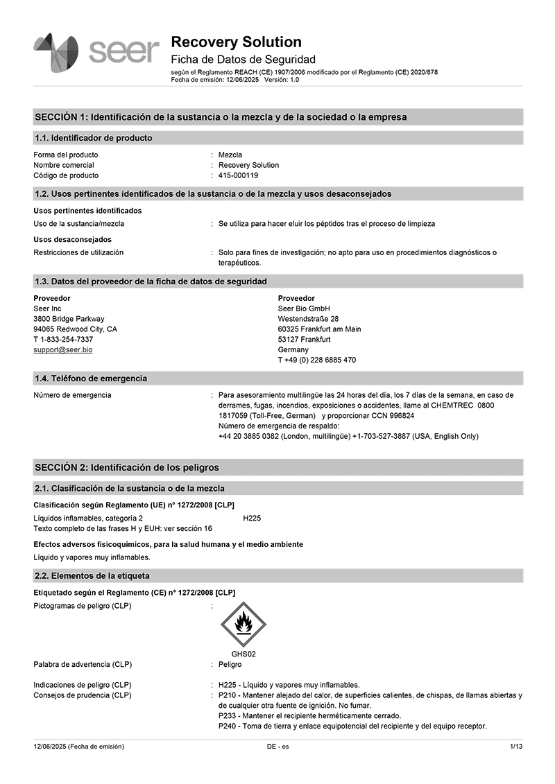 Safety Data Sheet: Proteograph ONE PQR Kit - Spanish