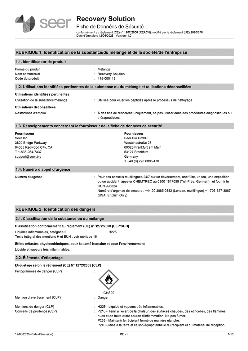 Safety Data Sheet: Proteograph ONE PQR Kit - French
