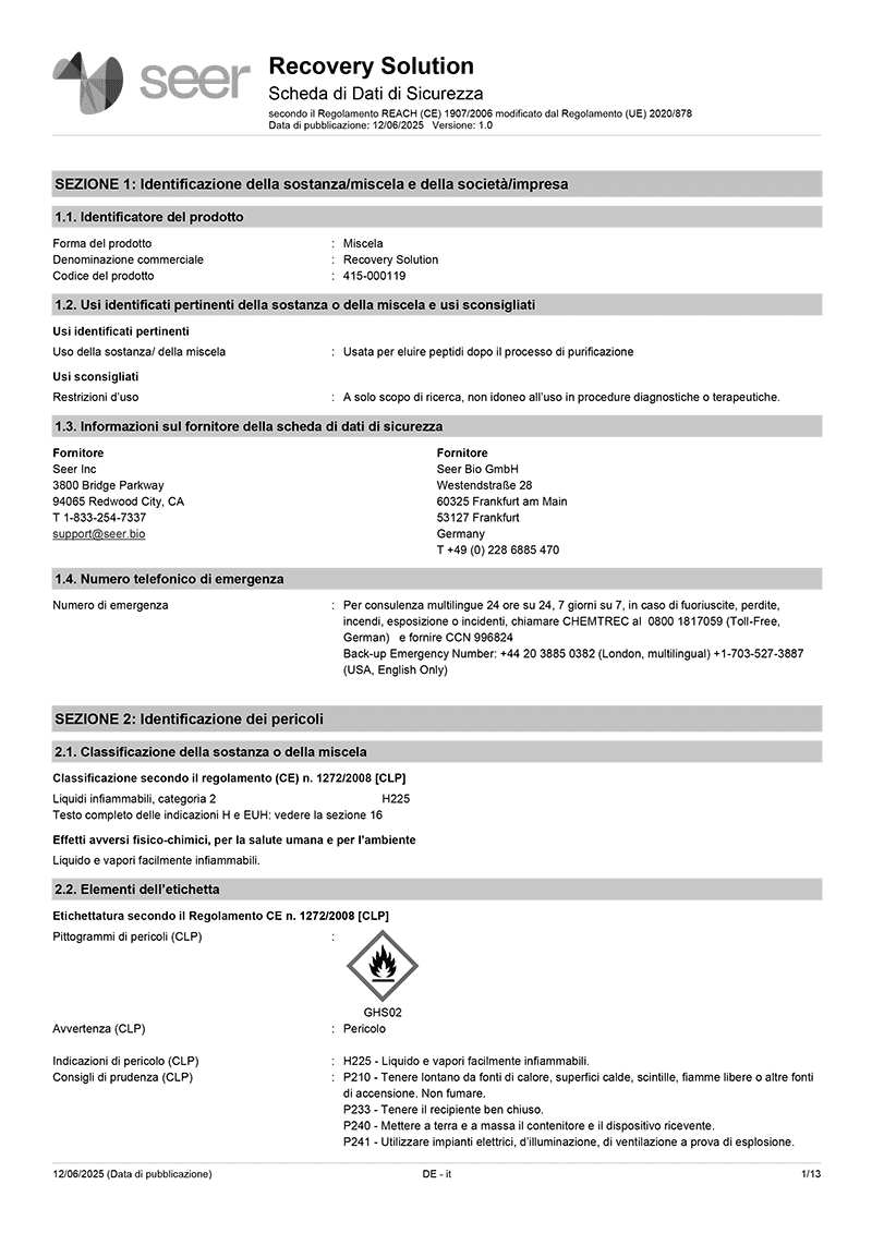 Safety Data Sheet: Proteograph ONE PQR Kit - Italian