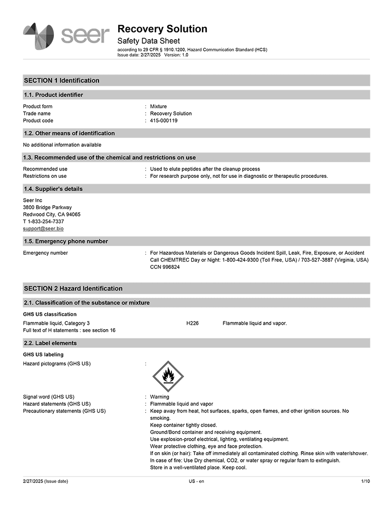 Safety Data Sheet: Proteograph ONE PQR Kit - English (American)