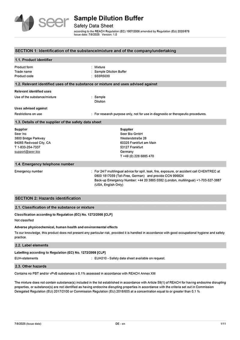 Safety Data Sheet: Sample Dilution Buffer – English (Europe)