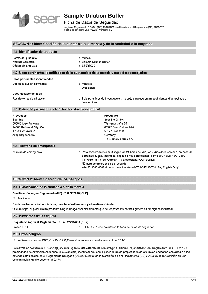 Safety Data Sheet: Sample Dilution Buffer - Spanish