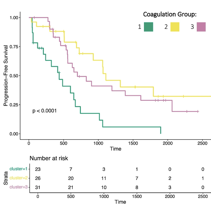 Progression-free survival curves for three coagulation groups.